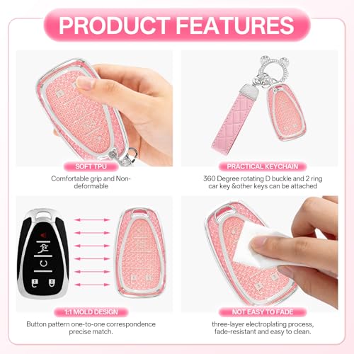 for Chevy Key Fob Cover with Keychain,5 Buttons Soft TPU Protector Bling Car Keys Case Shell Compatible with Chevrolet Equinox Malibu Cruze Traverse Camaro Trax Blazer Volt Bolt Smart Key(Silver Pink) — view 4