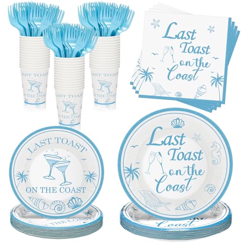 Blushtier 120 Pcs Last Toast on the Coast Party Supplies Coastal Bachelorette Tableware Set Summer Beach Pool Paper Plates Napkins Forks Cups for Bridal Wedding Girl Birthday Party Baby Shower