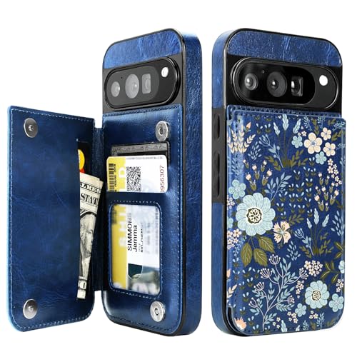 uCOLOR Compatible with Google Pixel 9/9 Pro Wallet Case with Card Holder Slot Folio Flip PU Leather Cover for Women Girls (Blue Daisy)