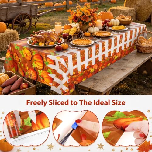 Image of Kochorie 100 Ft x 54 Inch Fall Pumpkin Patch Party Tablecloth Roll with Cutter Box Waterproof Plastic Pumpkin Maple Leaf Backdrop Table Cover for Autumn Thanksgiving Party Decor