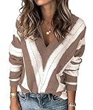 Tips: S=US 4-6, M=US 8-10, L=US 12-14, XL=US 16-18, XXL=US 20. Design: Long Sleeve Knitted Sweater/ Striped Sweater/ Fall Sweaters For Women 2025/ V Neck Sweater/ Loose Fitting Tops For Women/ Holiday Sweater Women/ Pullover Sweaters For Women Chic D...