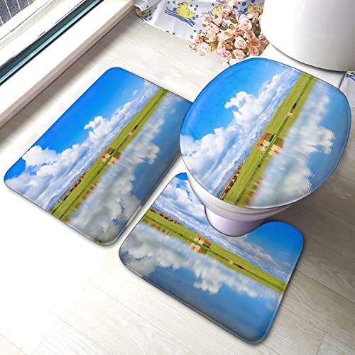 UBINYSS Badematte + Konturmatte + Toilettendeckelbezug, schönes Grassland 3-teiliges Badematten-Set, mit rutschfester Unterseite