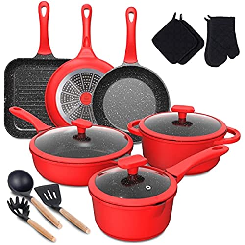 Genérico Juego de ollas y sartenes, Juego de Utensilios de Cocina de 16 Piezas con Revestimiento Antiadherente de Granito, Utensilios de Cocina para cocinas de inducción, fáciles de Limpiar.