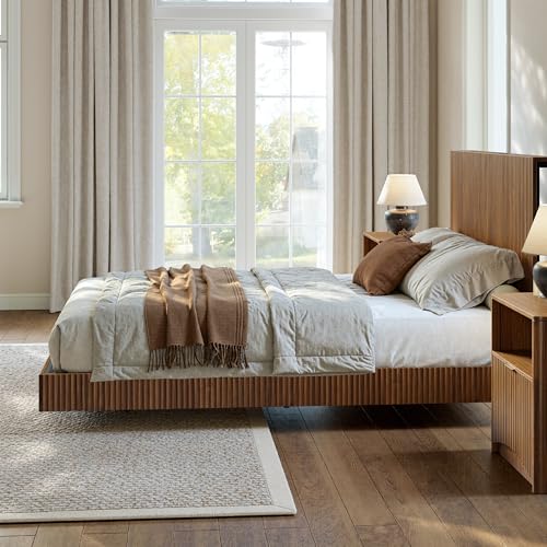 Image of Evermagin Walnut Full Floating Bed Frame with Headboard | Mid Century Modern Fluted Platform Bed with LED Lights, Heavy Duty Bedframe with Charging Station, No Box Spring Needed