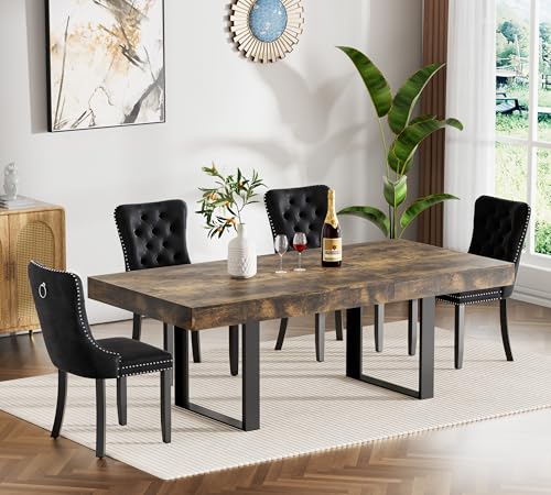 Image of Rustic Brown Dining Room Table Set for 4, 5-Piece 63 inch-78.74 inch Extendable Dining Table Set with 4 Upholstered Chairs, Rectangle Wooden Expanding Kitchen Table and Black Chairs Set