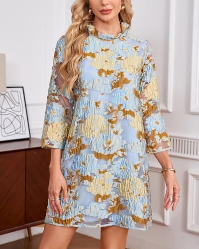 Women's Floral Jacquard Shift Dress Mini 3/4 Sleeve Ruffle Collar Bow Tie Elegant Cocktail Party Sheer Mesh Dresses2