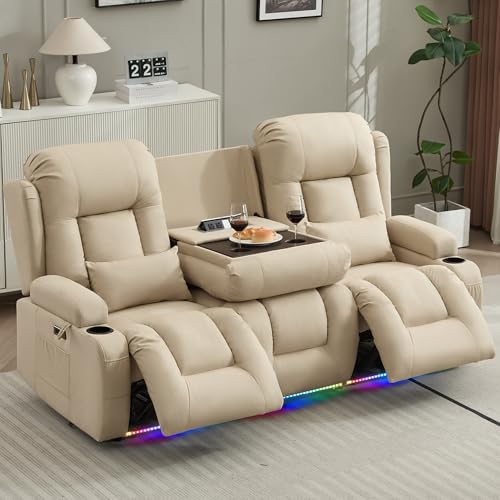 Image of URRED Power Loveseat Recliner Sofa with Massage and Heat, Wall Hugger Reclining Loveseat with Console, RV Couch Home Theater Seating with LED Lights for Living Room (Beige, 76.8 inch - 3 Seats)