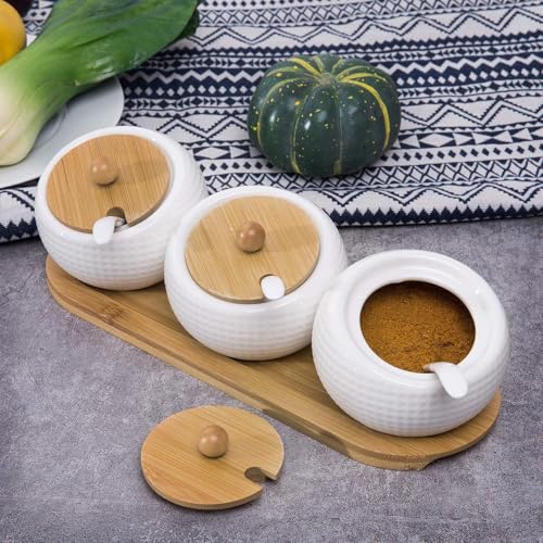 Image of 3 Pcs Porcelain Condiment Jar Spice Container with Bamboo Lids and Spoon Seasoning Pots for Kitchen, Coffee Bar, 30x10 cm