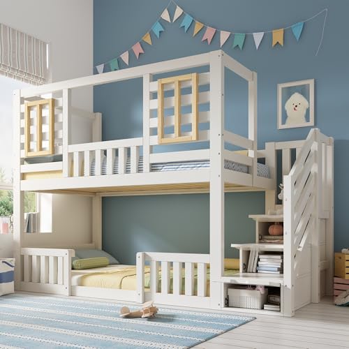 TOBIDOEN Litera infantil de 90 x 200 cm, estilo cabaña, cama juvenil con ventanas de madera y armario de escaleras, 2 superficies de descanso para hermanos, barandilla de seguridad adecuada para niños
