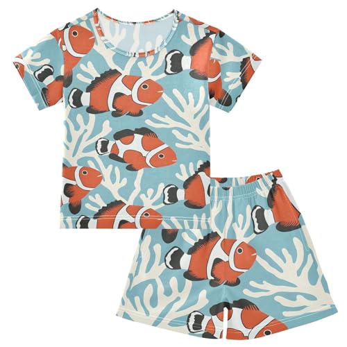 ALAZA Clownfish Coral Reef Blue Pajamas Set Short Sleeve Cotton Sleepwear Summer Pjs 2 Piece 5-14Y