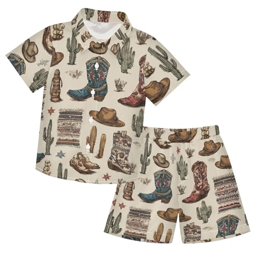 Fisyme Western Boho Cowboy Boots Toddler Boys Clothes Sets Short Sleeve Shirt Casual Shorts Set Summer Spring 2 Piece Outfits 7-8 Years