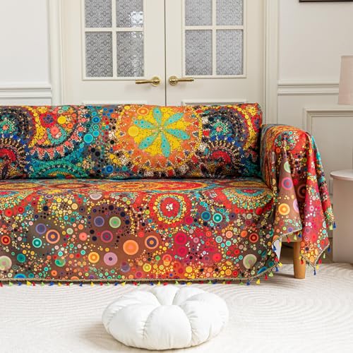 Boho Couch Cover with Tassels for Sectional Sofa