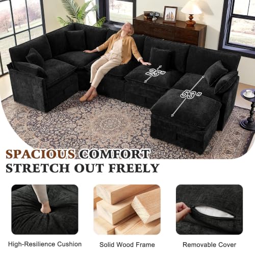 Image of Ihanherry Oversized Modular Sectional Sofa with Storag, 6-Seater V Shaped Cloud Couch with Movable Ottomans, Chenille Deep Seat Corner Couches for Living Room (Black)