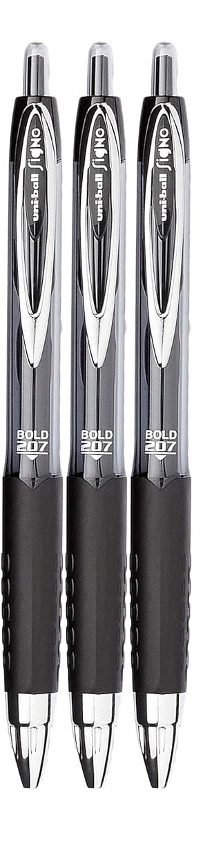 Signo 207 Roller Ball Retractable Gel Pens, Bold Point (1.0mm), Black Ink, 3 Count,