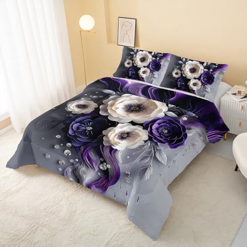 Image of QOOMO Purple Flowers Kids Bedding Set,Cartoon Plants Comforter Set Full Size for Boys Girls Teen Room Decorat,Soft Lightweight Bed Set All Season,1 Comforter 2 Pillowcases