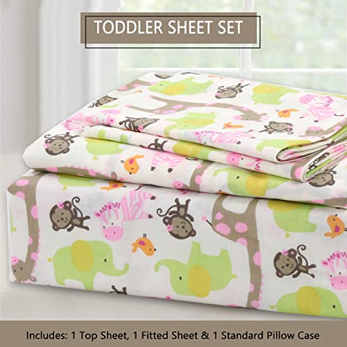 Image of 100 Cotton 3 Piece Toddler Sheet Set, Soft Breathable Crib Bedding Set for Girls Includes a Flat Sheet, a Fitted Sheet, a Pillowcase, Jungle Zoo Animal Friends Giraffe Monkey Elephant Zebra Bird Pink