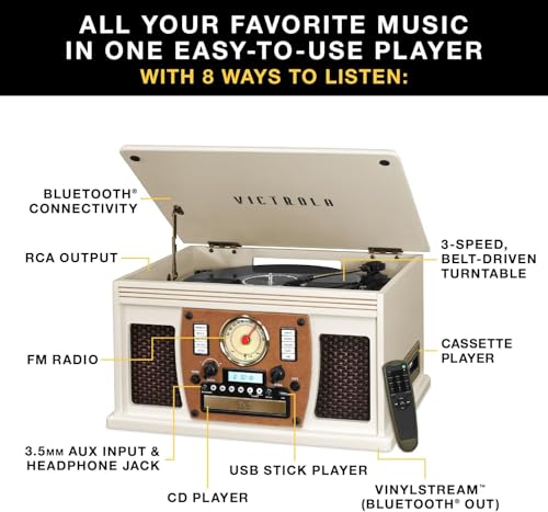 Image of Victrola Navigator 8-in-1 Bluetooth Record Player with Built-in Speakers - 3 Speed Turntable, CD Player, Cassette, FM Radio, USB, RCA Out, Headphone Jack, Wireless Music Streaming, Real Wood (White)