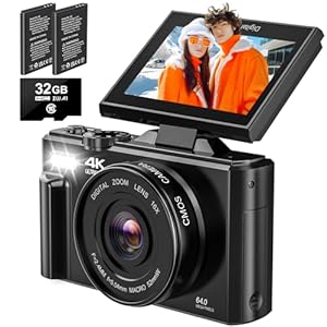 4K Digital Camera – Digital Cameras for Photography – 64MP Vlogging Camera for YouTube – Autofocus Video Camera 3″ 180° Flip Screen with 18X Zoom – Compact Travel Cameras with 32GB SD Card 2 Batteries