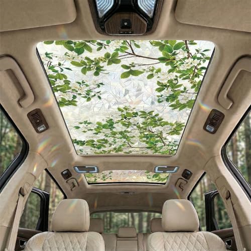 Stained Vintage Sunroof Decal for Car 18x48in Flower Sunroof Decal Film Floral Rainbow Effect Static Clings Stained Glass Window Privacy Film Sun Protection for Living Room Car Sunroof (Green H)
