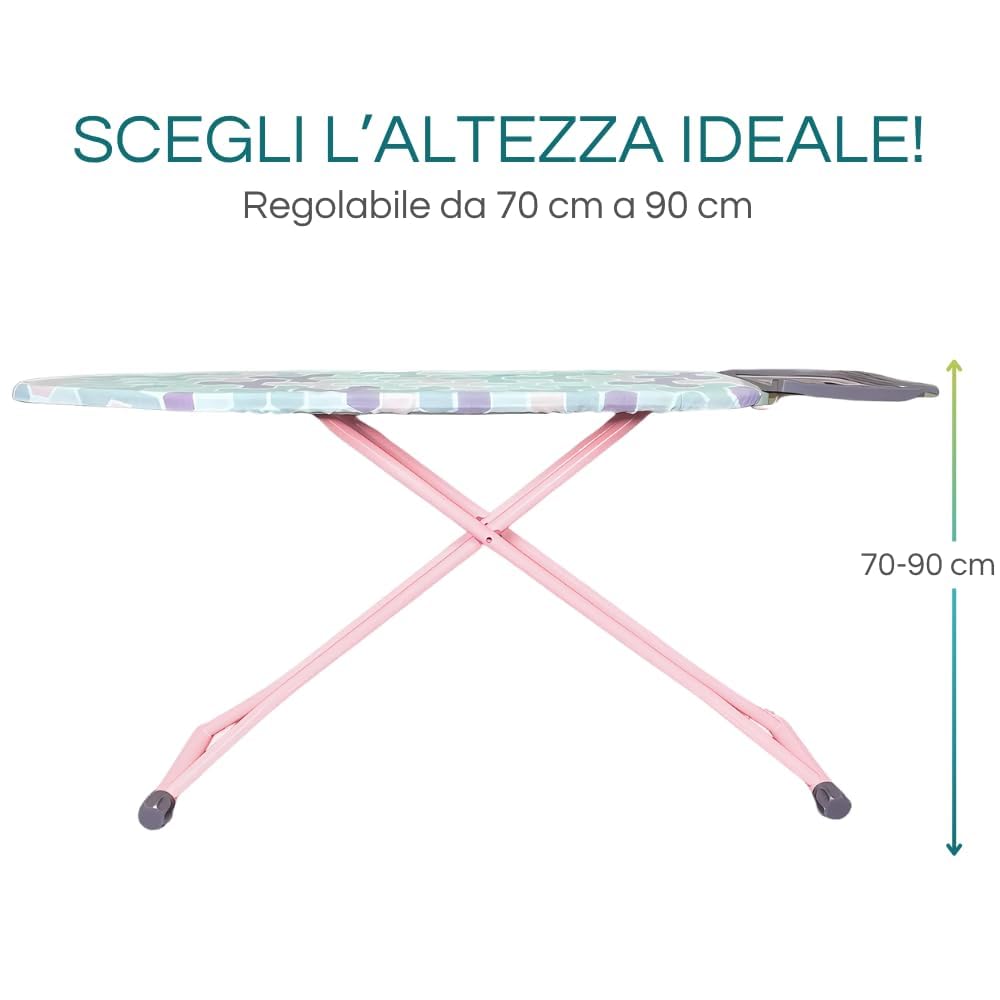 Paluplus Asse da Stiro Pieghevole, Misura 137X37 cm, Altezza Regolabile in diverse Posizioni, Tavola da Stiro Salvaspazio con copriasse e Poggia Ferro da Stiro -648F (Lilla e Rosa)