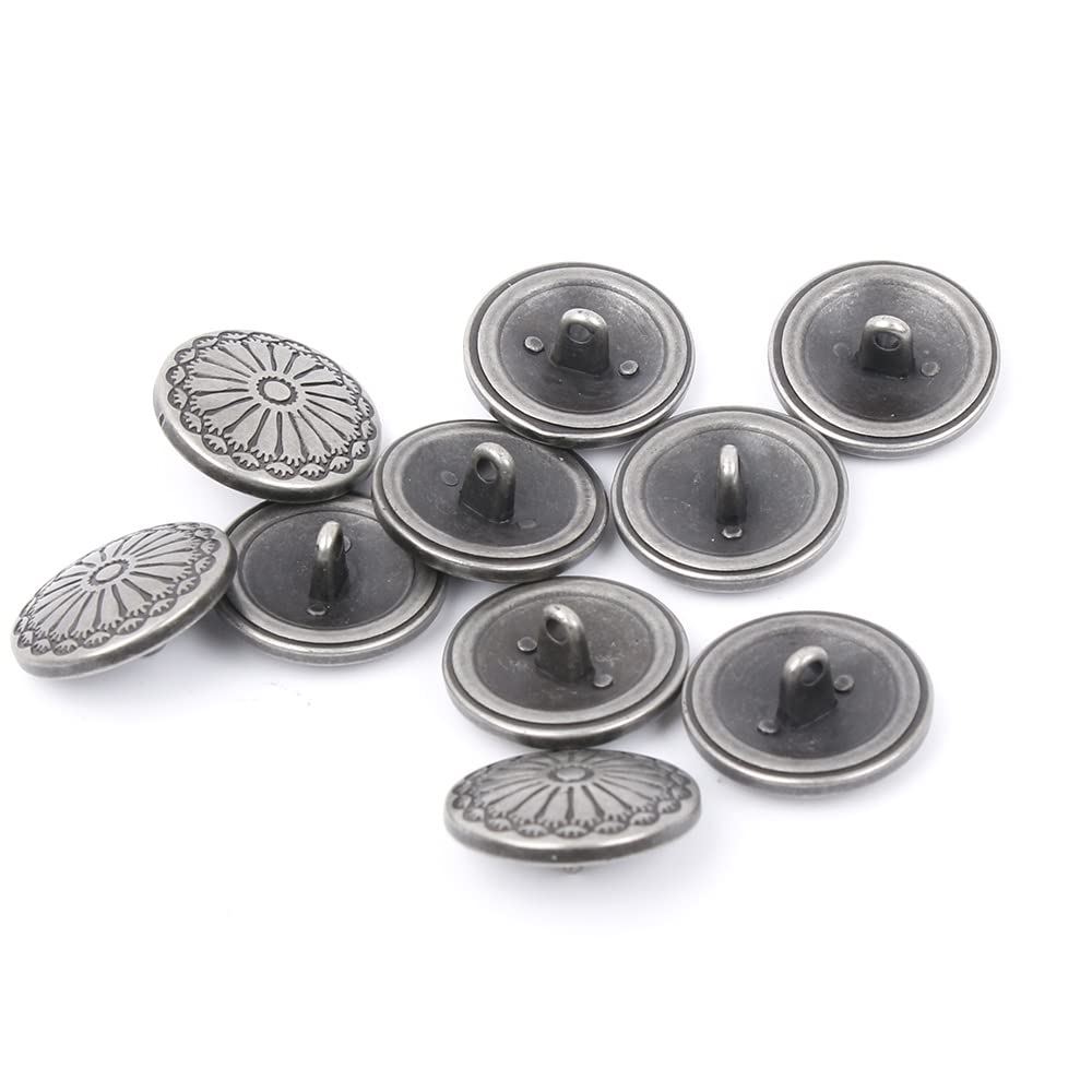 Modny metalowy guzik do ubrań, Antyczne srebro Vintage kwiat grawerowany guzik z trzpieniem metalowe okrągłe guziki do odzieży DIY Jean Craft akcesoria