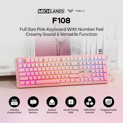 Image of MechLands Aula F108 100% Wireless Gaming Keyboard, Full Size Custom Gasket Mechanical Keyboard, 4000mAh Battery, Programmable 108 Keys, Hot-Swappable, for Win /Mac (Pink Gradient)