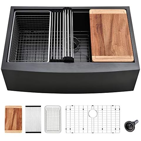33 Black Farmhouse Kitchen Sink Workstation-VASOYO 33x22 Black Stainless Steel Farmhouse Sink Apron Front Workstation Kitchen Sink 16 Gauge R10 Deep Single Bowl Kitchen Farm Sink with Cutting Board Cover