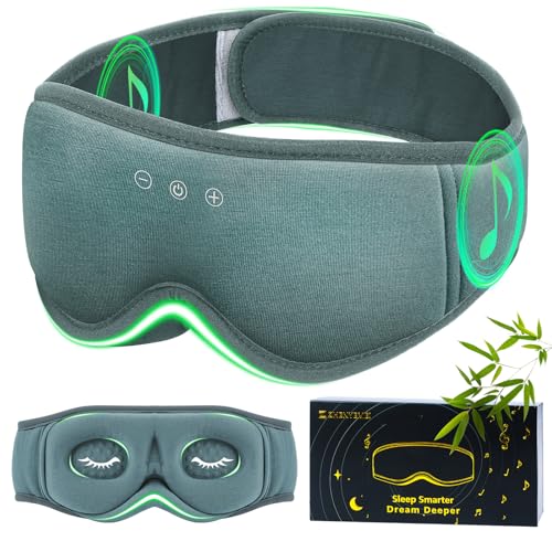 Bamboo Cotton Large Sleep Mask with Bluetooth Wireless Headphones - Blackout Eye Mask for Sleeping 3D Contoured Sleep Eye Cover Headband Ear Plugs Low Noise Hook for Men Women Better Experience (Grey)