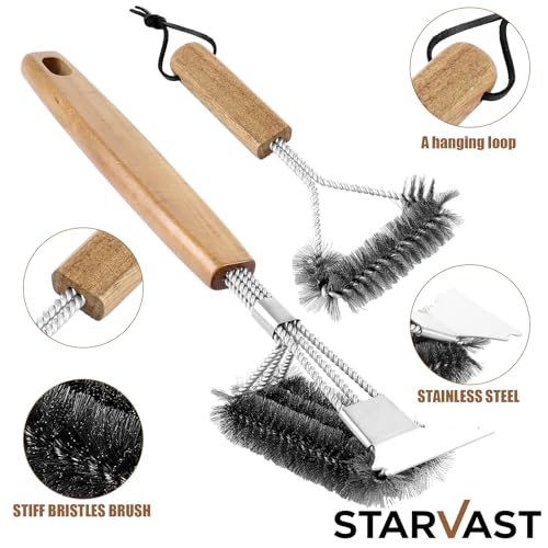 STARVAST Grillbürste (4 Stück), Grill Reinigungsbürste mit Holzgriff, 39cm Grillbürste mit Edelstahl Schaber, dichte Edelstahlborsten, Dreieckig 360° Grill Drahtbürste Grillzubehör
