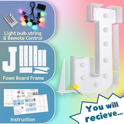 Image of Imprsv Colorful 3FT Marquee Letters J, 18 Colors Large Light up Letters | RGB with Remote, Birthday Party Decorations Anniversary Wedding Decorations Assembly Required 20 Pcs Accessory Set