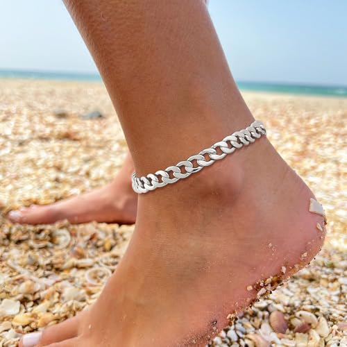 Image of Gold Ankle Bracelets for Women Waterproof - Dainty Gold Anklets Trendy Layered 14K Gold /Silver Plated Stackable Chunky Cuban Link Chian Anklet Bracelet Set for Women Non Tarnish Beach Jewelry Gift