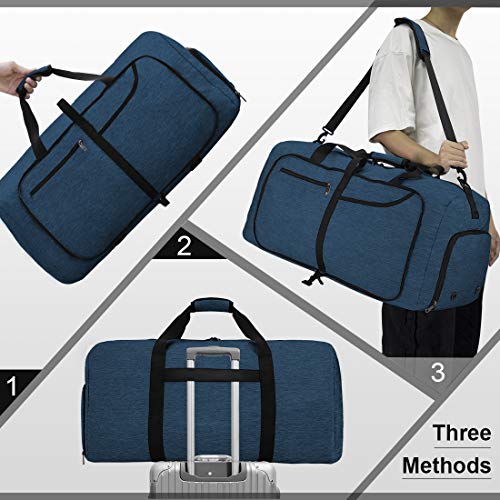 Travel Duffel Bag 65L Foldable Weekender Overnight Bags for Men Women Waterproof Sports Gym Bag with Shoes Compartment Holdall Weekend Bag Blue