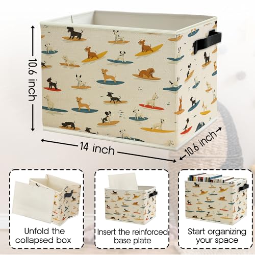 Image of Funny Coastal Beach Surfing Dog Storage Bins Box with Handles, Dog Lovers Gifts, Surfing Gifts, Ocean Surf Puppy Collapsible Basket Organizer for Bathroom Bedroom Books Clothes