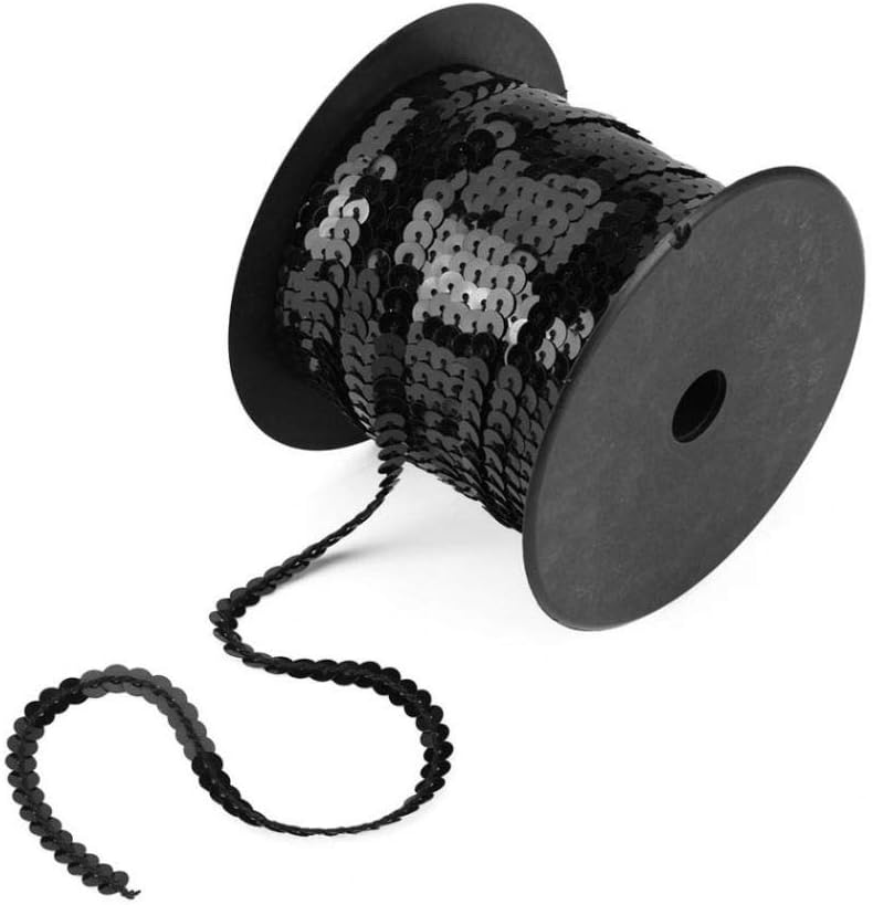 100 Yards 6mm Metallic Sequins Trim – Flat Round Spangle Sewing String for Wedding Dresses, Costumes & DIY Crafts (Black)