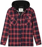 WenVen Men's Stand Collar Business Plaid Flannel Quilted Jacket Shirt Red, M