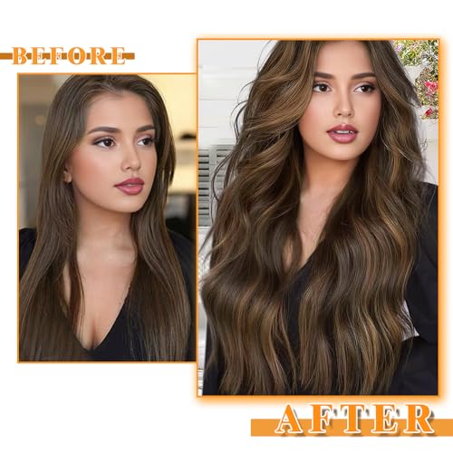 Image of YDDM Tape in Hair Extensions Human Hair, Dark Brown Highlighted Chestnut Brown 100% Remy Human Hair 20pcs 16 Inch Straight Seamless Invisible Tape in Hair Extensions(P2 /6#, 16 Inch)