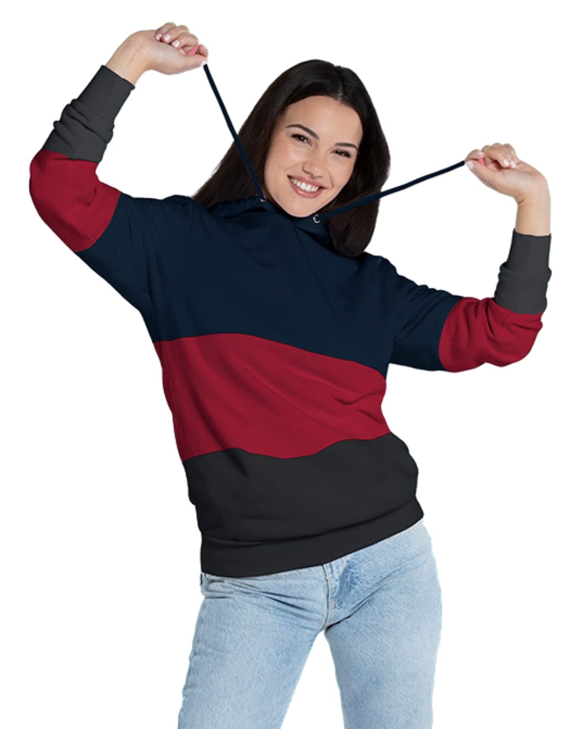 veirdo Cotton Fleece Oversize Loose Fit Hooded Neck Sweatshirt Hoodie Trio Color Block Winter Wear for Women-picture-36
