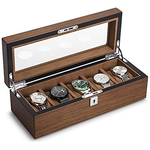 QIWODE 5 Grid Wood Watch Box, Watch Storage Case Holder Watch Organizer with Glass Display Lid and Pillow Valentines Day Gifts Birthday Gifts for Men and Women (5 Slot) Cover