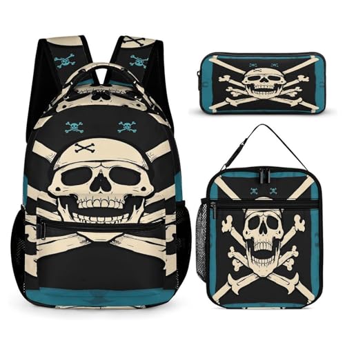 3Pcs Backpack Sets Pirate Flag Skull Print Travel Daypack 3 in 1 Lightweight Backpack Set with Lunch Bag And Cosmetic Bag