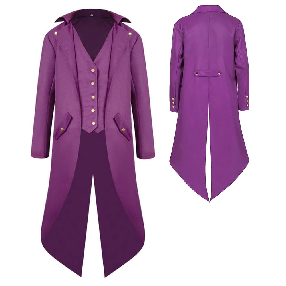 YQVGFBY Men's Gothic Steampunk Tailcoat Men,Medieval Victorian Vintage Jacket Uniform Long Tuxedo,Renaissance Pirate Vampire Party Cosplay Costumes for Adults Men (Purple