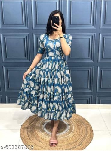 Image of Modestouze Attires Women's Paisley Pattern Rayon Midi Dress with Half Puff Sleeve Round Neck Calf Length and Pull On Closure Type