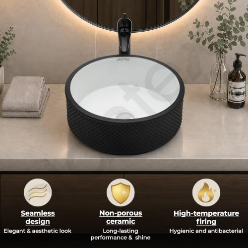 Image of Plantex Round Ceramic Table Top Wash Basin /Designer Counertop Washbasin /Vessel Sink for Bathroom /Home /Restaurant (White & Black-17 x 17 x 6 Inch)