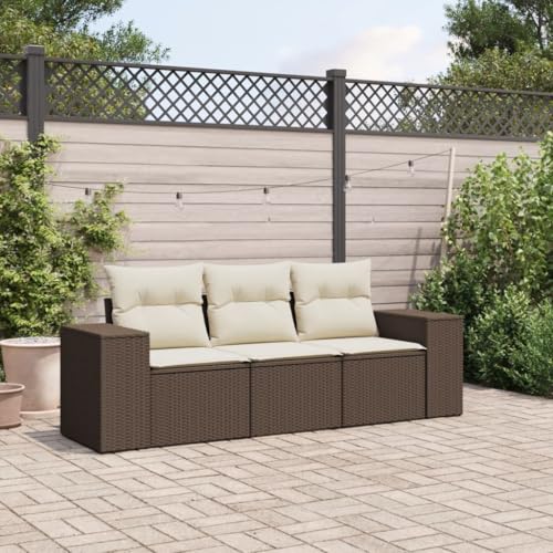 Homgoday Set sofás de jardín 3 Piezas y Cojines ratán sintético marrón Sofá de jardín Sin Mesa Muebles de jardín Exterior Rattan Garden Furniture Set de Jardin Marrón y Crema