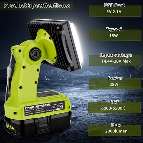 Image of Choerinton Work Light Compatible with Ryobi 18V Battery, 18W Light Cordless Portable Jobsite with USB Charging Port, 20000LM Outdoor Rechargeable LED Floodlight for Car Repair, Camping, Hiking