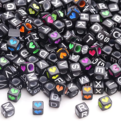 HERZWILD 1000pcs Letter Beads and Heart Beads Acrylic Alphabet Letter Cube Bead Square Loose A-Z Bead for Beading Making Art Craft Weaving DIY Bracelets (White-Black) - Image 4