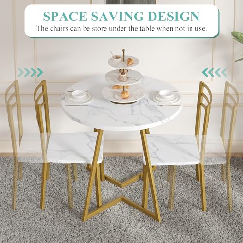 Image of VECELO Small Round Dining Table Set for 2, Wood Tabletop with Strong Metal Frame, Modern Dinette with Chairs for Kitchen, Breakfast Nook Living Room, White and Gold
