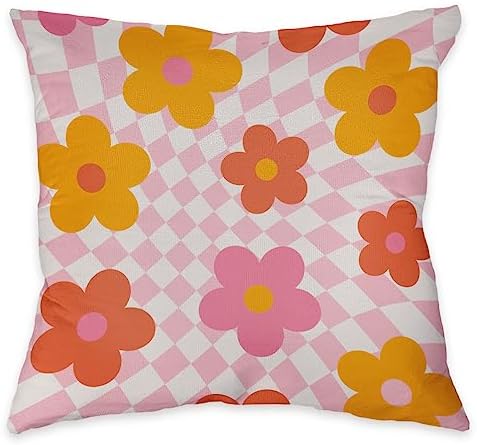 Znzd Retro 70s Groovy Hippie Flower Floral Distorted Pink and White Checkered Reversible Throw Pillow Cover Decorate Home Bedroom Living Room Girls Room College Dorm,Gifts for Teen Girls,18x18 Inch image 3