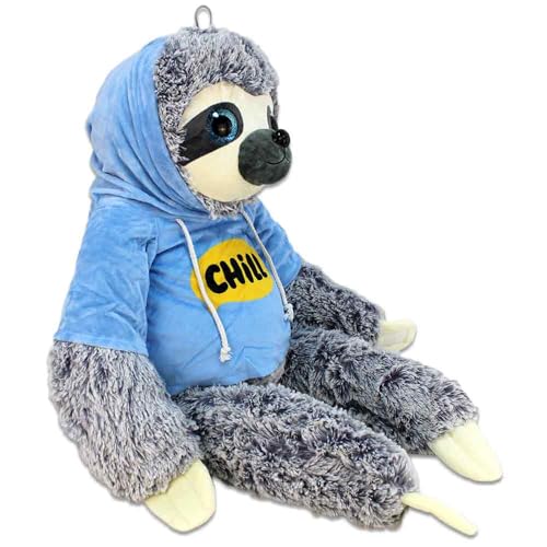 BEMIRO Faultier Kuscheltier XXL – 80 cm, Füllung aus 100% recyceltem Material, mit Hoodie, glitzernde Augen, kuschelig weich (Blau)