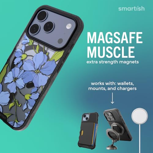 Image of Smartish iPhone 17 Pro MagSafe Clear Case - Gripmunk Magnetic Slim Case [Lightweight + Protective] Anti-Yellowing Thin Grip Clear Cover for Apple iPhone 17 Pro - Blue Blossoms