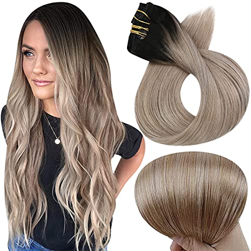 Full Shine Clip in Hair Extensions Human Hair 14 Inch Color 1B Off Black Fading to 18 Ash Blonde and 12 Brown Remy Clip Hair Extensions 7Pcs 100 Gram Balayage Clip in Hair Extensions